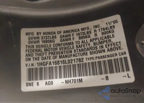 2006 Honda Civic Ex z USA, uszkodzony, nr VIN 1HGFA16816L021782